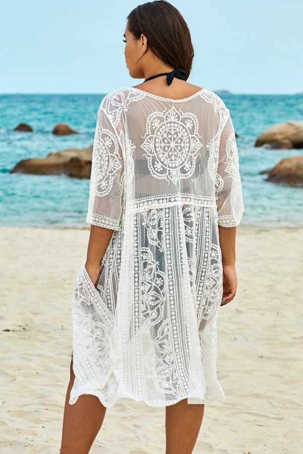 White Sexy Waves Embroidery Cover Up