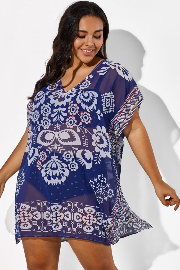 Navy Blue Fashion Floral Print Cover Up