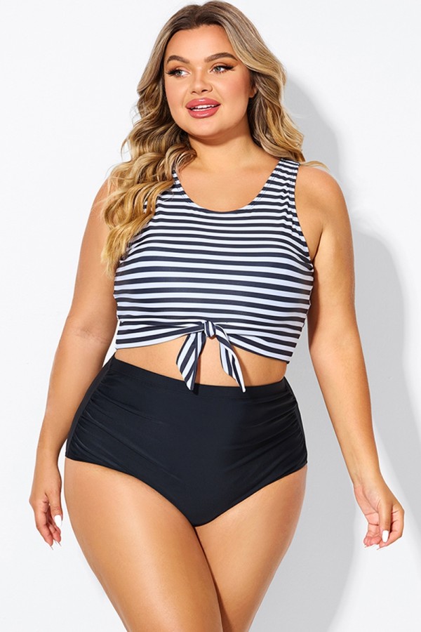 Black & White Striped Knotted Crop Bikini Top