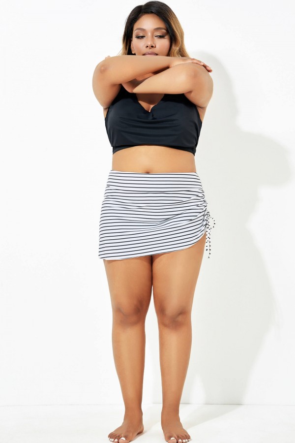 Stripe Drawstring Side High Waisted Swim Skirt