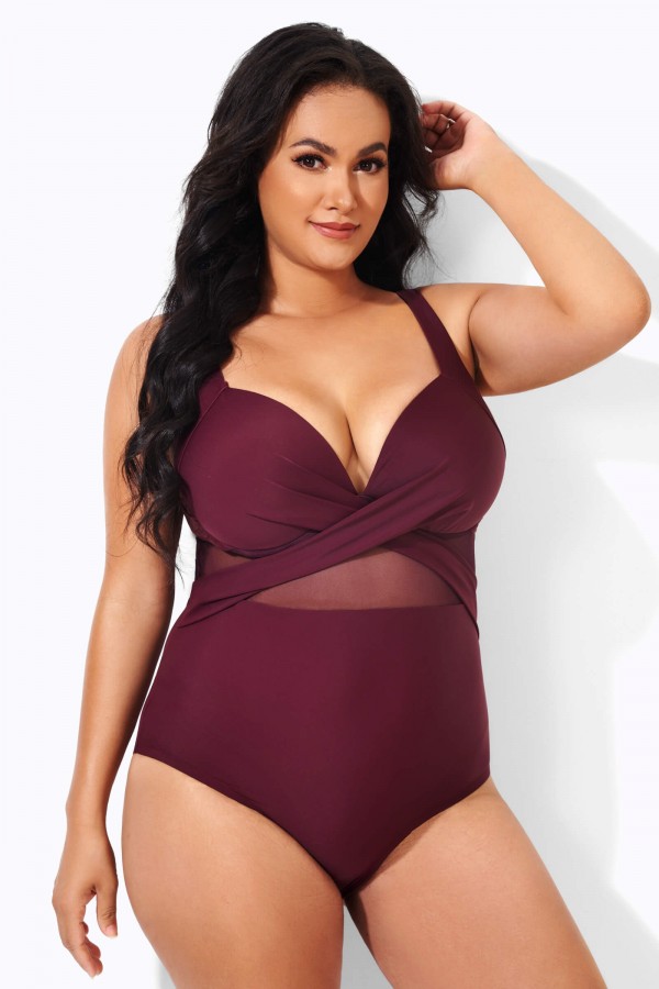 Wine Cut Out Mesh Fashion One Piece Swimsuit