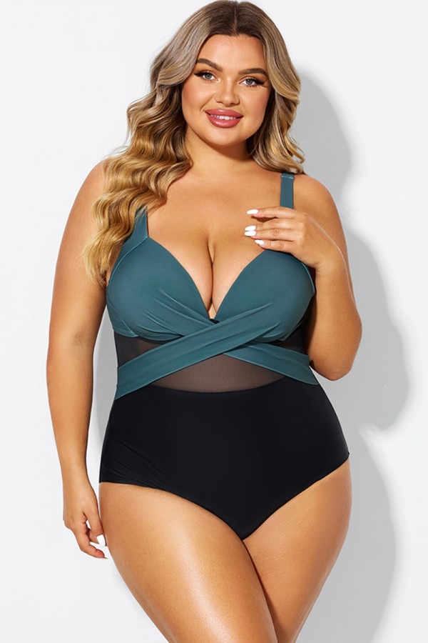 V-Neck Colorblock Tummy Control One Piece Swimsuit