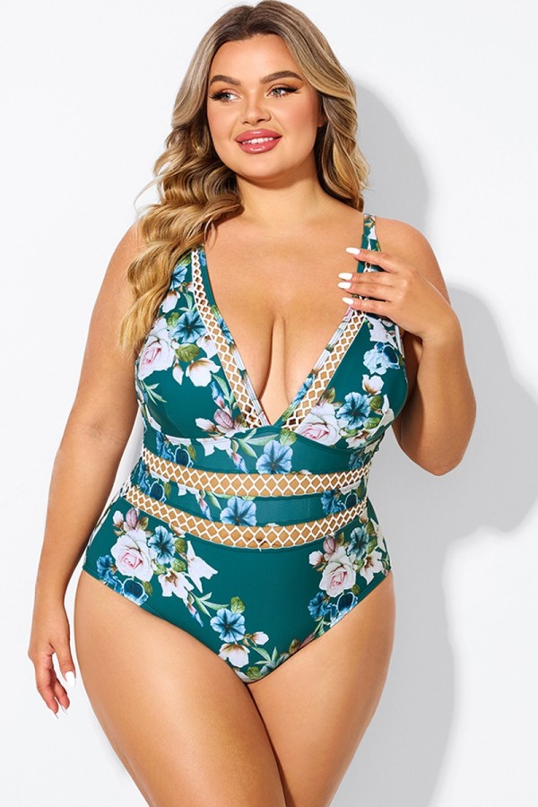 Floral Print Plunge V-neck One Piece Swimsuit