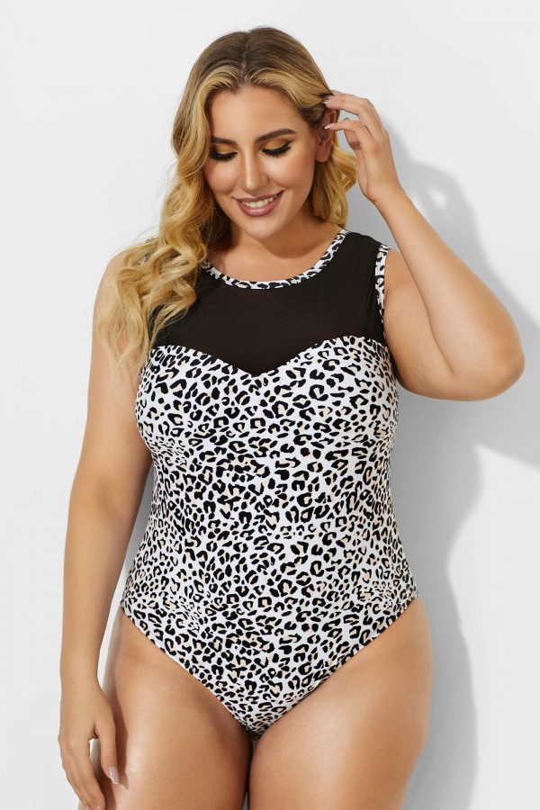 Leopard Printed Circle-Collar Mesh One Piece Swimsuit