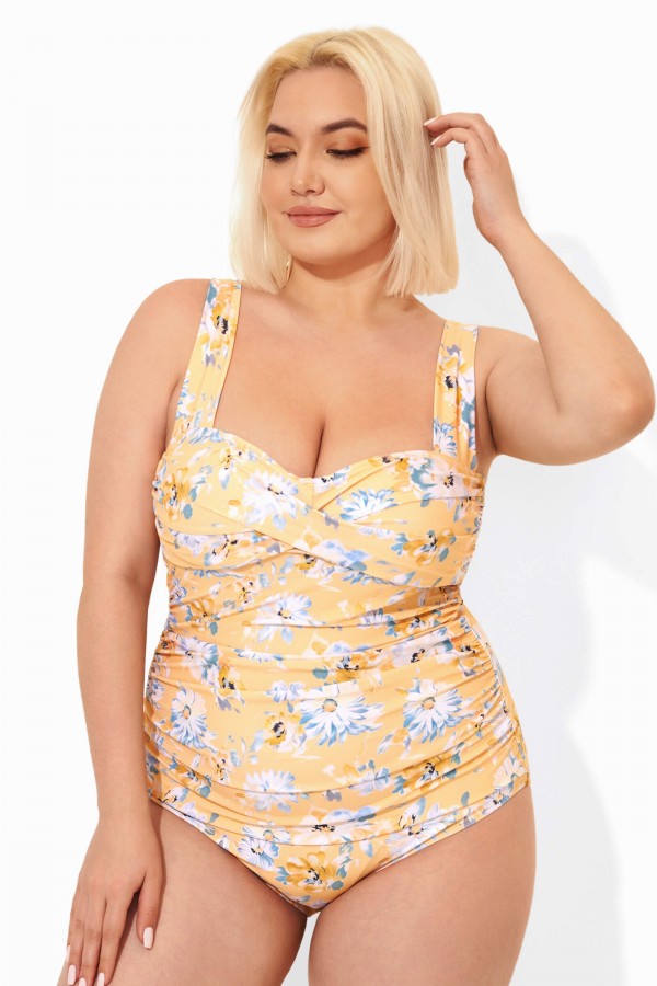 Yellow Floral Printed Retro One Piece Swimsuits