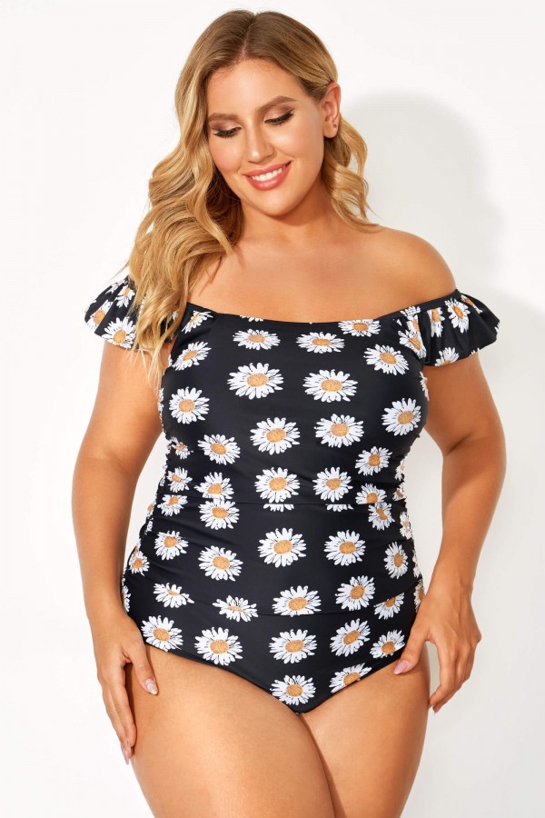 Black Daisy Printed Flutter Sleeves One Piece Swimsuit