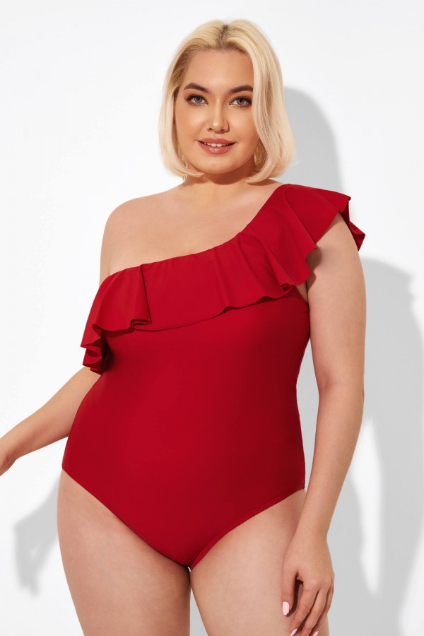 Red One Shoulder Ruffle One Piece Swimsuit