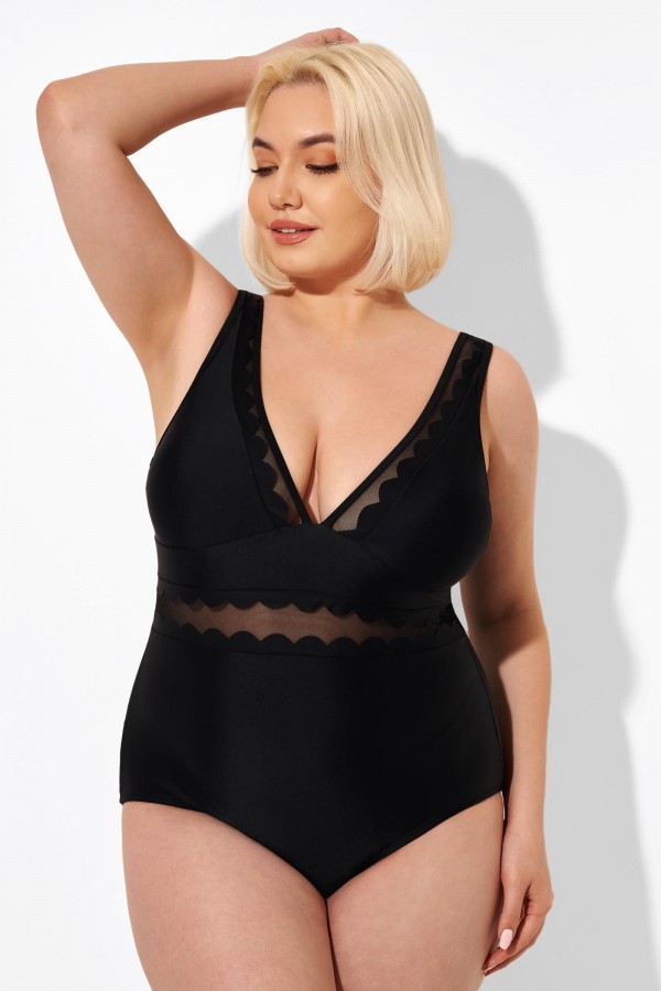 Solid Black V-Neck Mesh One Piece Swimsuit