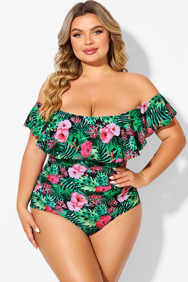 Floral Print Bandeau Off The Shoulder Ruffle One Piece Swimsuit
