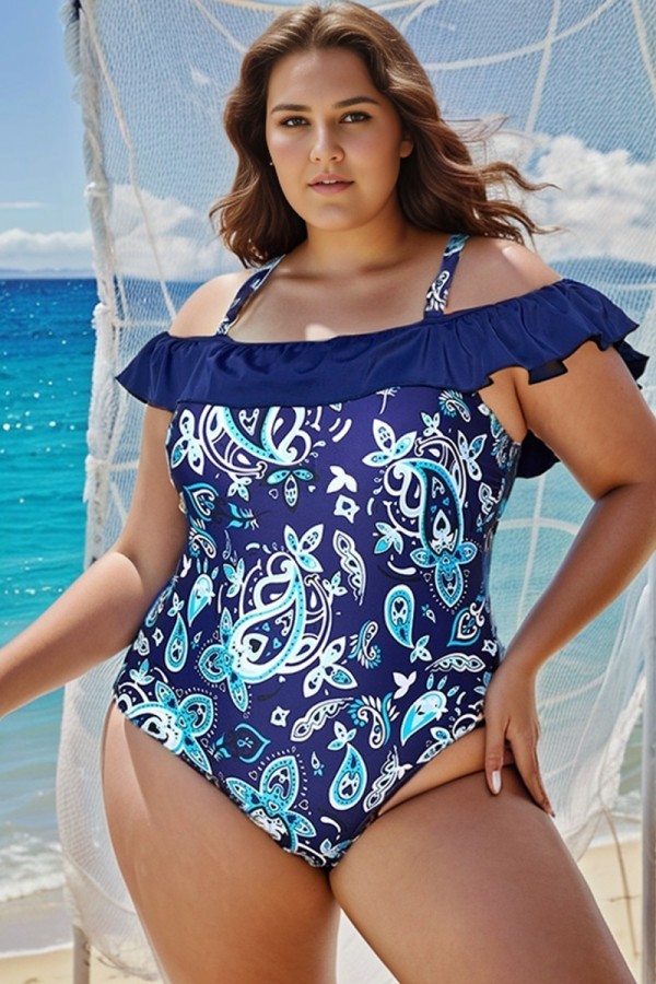 Attractive Paisley Design Ruffles One Piece Swimsuit