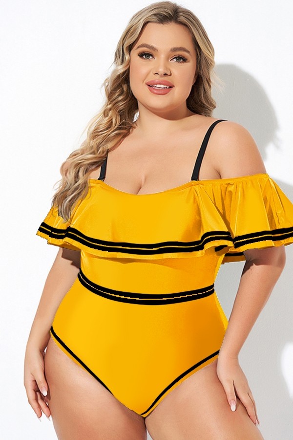 Yellow Off Shoulder Ruffles One Piece Swimsuit
