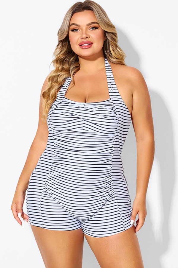 Striped Ruched Panel Halter Women One Piece Swimsuit