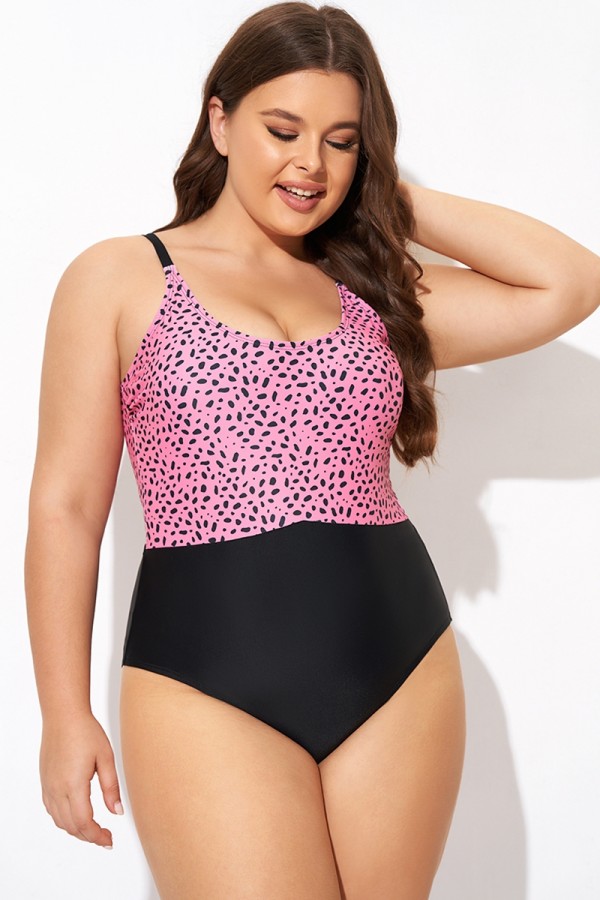 Pink Leopard Print Scoop Neck Front One Piece Swimsuit