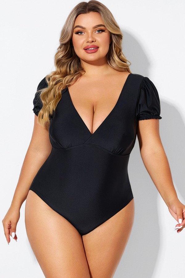 Black Wireless Puff Sleeves V-Neck One Piece Swimsuit