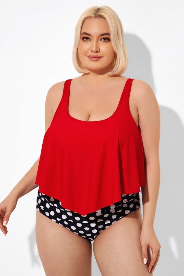 Red Ruched Flounce U-neck Blouson Tankini Top