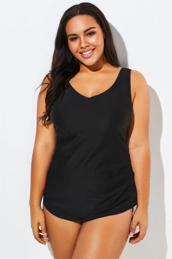 Black V-neck Sarong Front One Piece Swimsuit