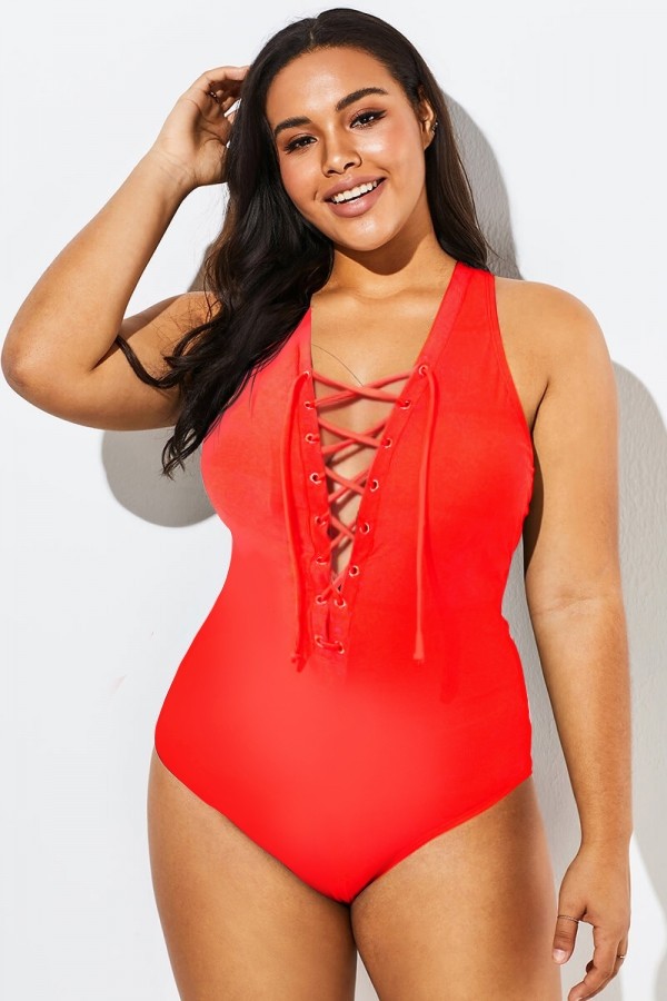 Red Lace Up One Piece Open Back Swimsuit