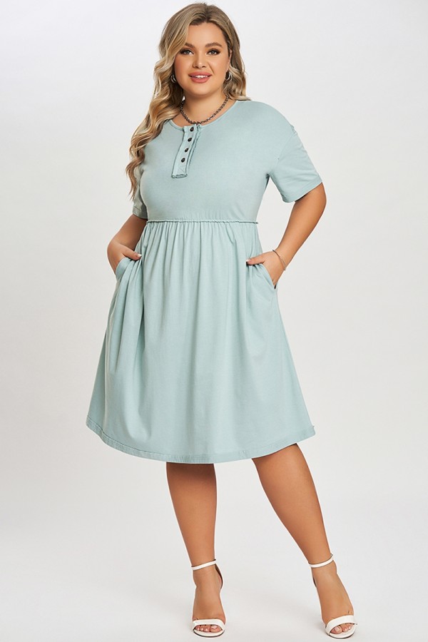 Functioning Buttons Round Neck Babydoll T-shirt Dress