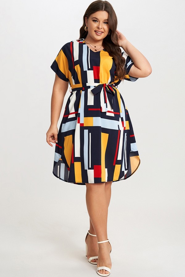 Print Color Block Dolman Sleeve Belted Plus Size Midi Dress