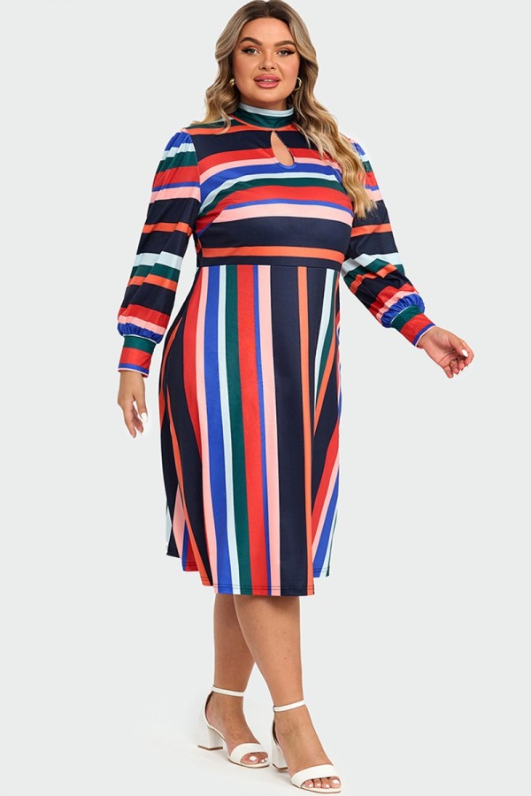 Rainbow Stripe A-Line  Puff Sleeves Front Keyhole Women Dress