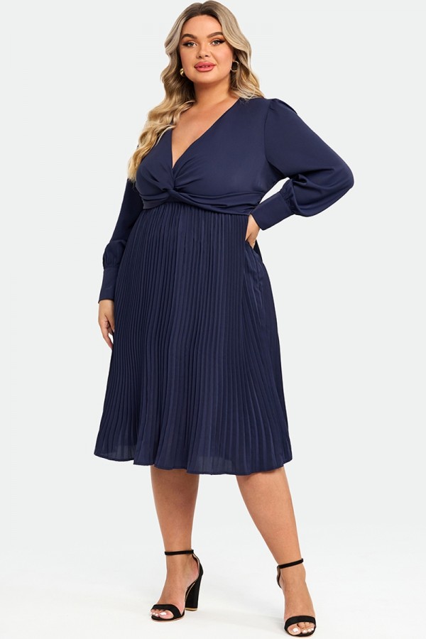 Navy V-neck Knot Front Long Sleeves Pullover Style Dress