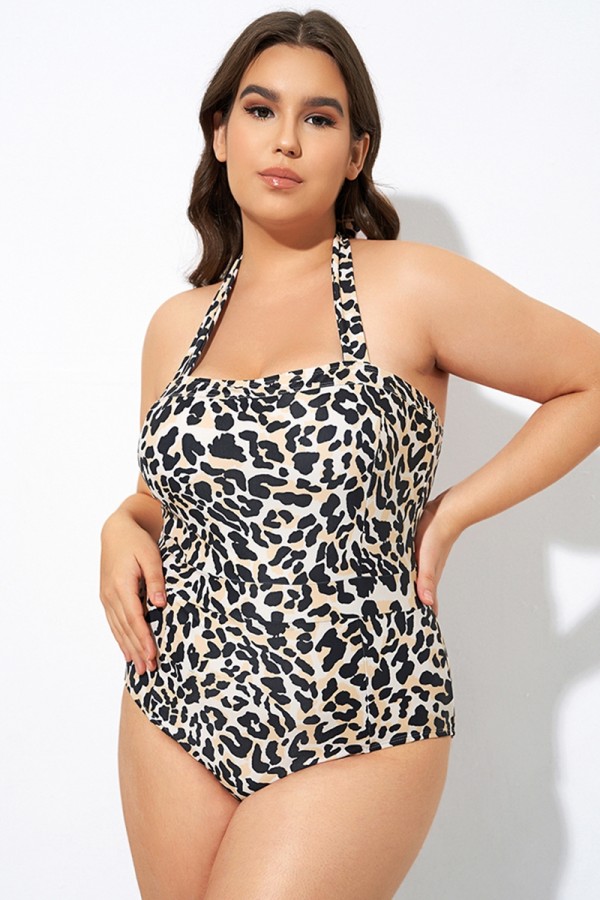 Leopard Print Thick Halter Straps One Piece Swimsuit