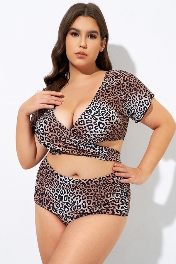 Leopard Print Flattering V neckline Wrap Crop Bikini Top