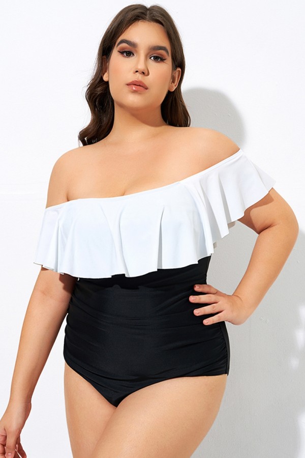 Black & White Off the Shoulder One Piece Swimsuit