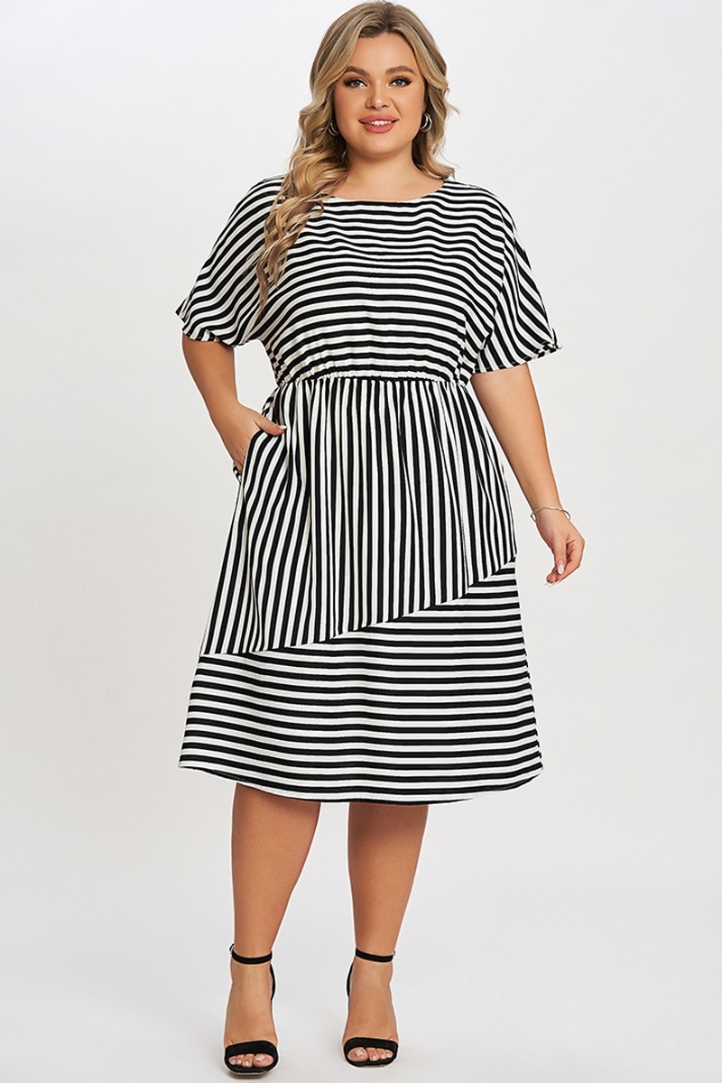 Striped Elasticized Waistband Slit Pocket Shirtdress - Meet.Curve ...