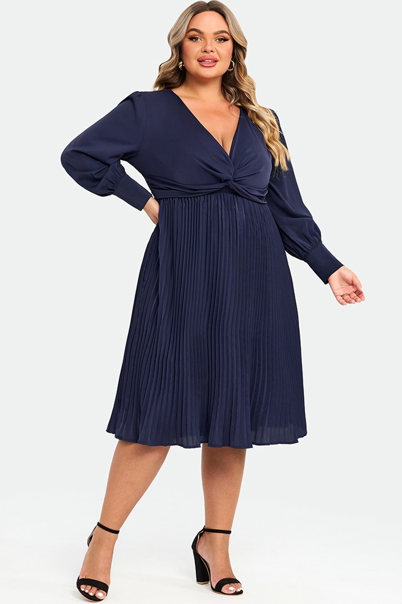 Navy V-neck Knot Front Long Sleeves Pullover Style Dress - Meet.Curve ...
