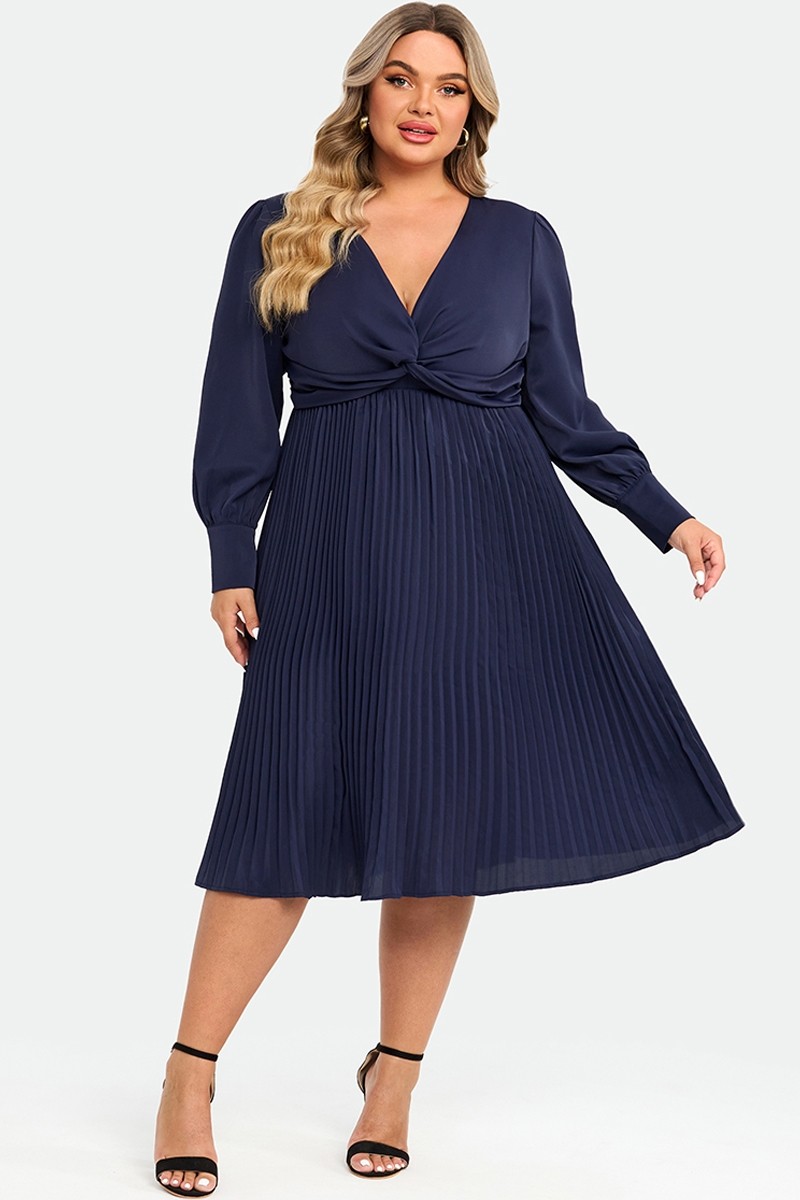 Navy V-neck Knot Front Long Sleeves Pullover Style Dress - Meet.Curve ...