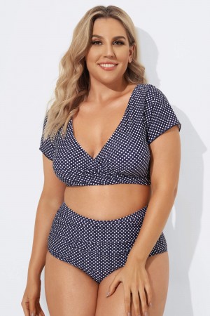 Navy and White Dots Ruched Skirted Bikini Set