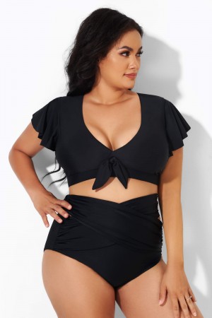 Black Flutter-Sleeve Elegant Swim Bikini Top