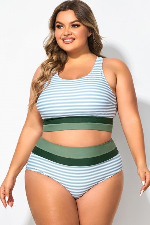 Plus Size Green Striped Patchwork Bikini Top