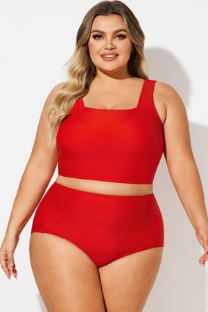 Plus Size Red Solid Square Neck Bikini Top