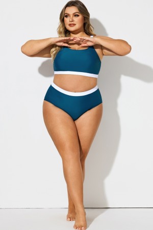 Curves Blue Geometric High Waist Bikini Bottoms