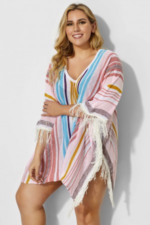 Colorful Vertical Stripes Square Cover Up With Tassels
