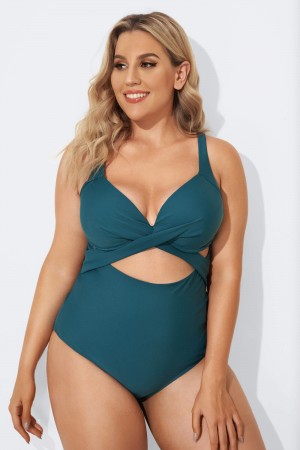 Green Modest Cut-out One Piece Swimsuit For Lady