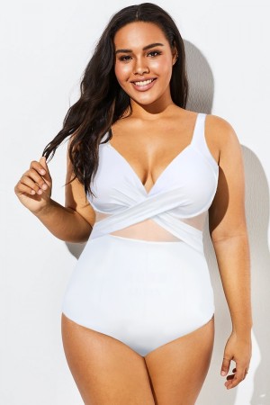 White Cut Out Mesh Underwire One Piece Swimsuit