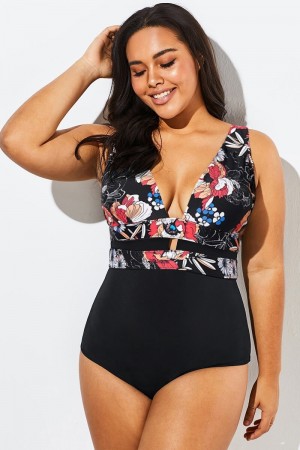 Floral Print Cut Out One Piece Swimsuit