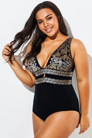 Black Foil Printed Cut Out One Piece Swimsuit