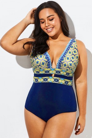 Floral Print Cut Out One Piece Swimsuit
