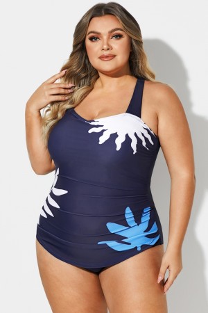 Navy H-Back Sarong Front One Piece Swimsuit