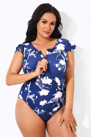 Printed Vintage Frill Sleeve One Piece Swimsuits