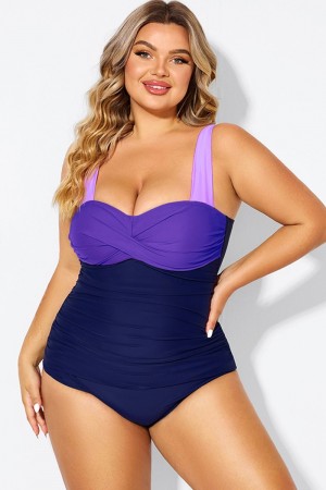 Plus Size Purple Color Block One Piece Swimsuit