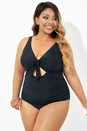 Black Cut Out Tie Front Underwire One Piece Swimsuit