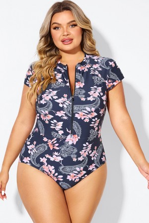 Pink Floral Tummy Control Cap Sleeves One Piece Swimsuit