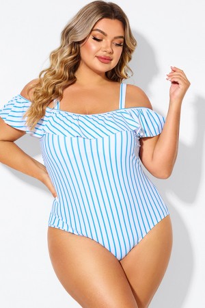Blue & White Striped Off The Shoulder One Piece Swimsuit