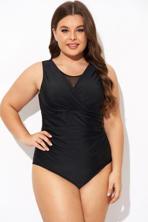 Black Mesh Rounded Back Neckline One Piece Swimsuit