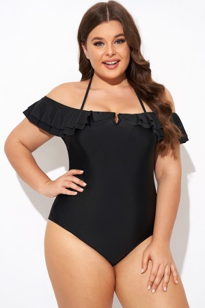 Black Flounce Off The Shoulder Ruffle One Piece Swimsuit